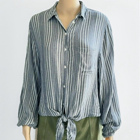 AMERICAN EAGLE OUTFITTERS  Button Front Tie Waist Stripe Gray White Small - Picture 12 of 12